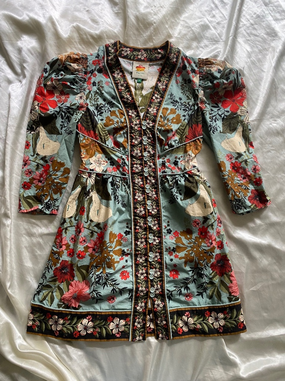 Farm Rio Blue Beauty Bouquet Floral Puff Sleeve Mini Dress XS Boho